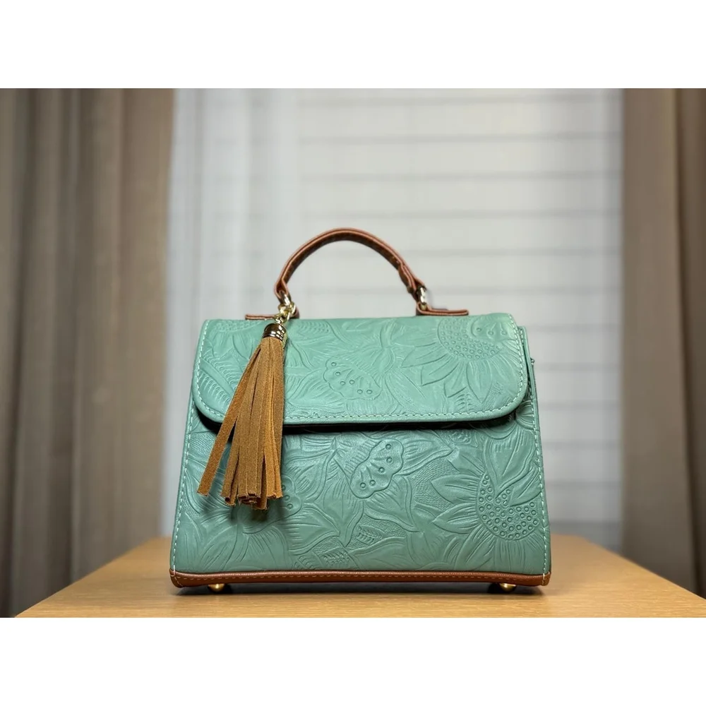 Sage Green Sunflower Embossed Tooled Artisan LEATHER Crossbody Handbag Purse
